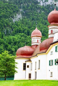 St. Bartholomae church, Koenigssee, Berchtesgardener Land, Upper Bavaria, Germany, Europe.