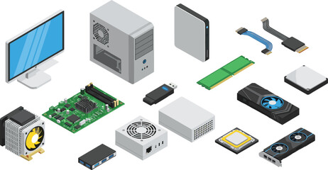 Computer hardware components collection with monitor, system unit, motherboard, RAM, GPU and storage devices, modern PC parts set isolated vector illustration for technology and IT design