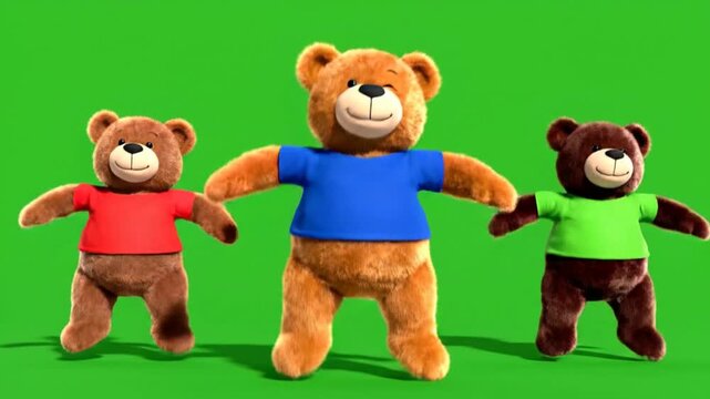 Three cute cartoon teddy bears dancing and having fun together against a green screen background, perfect for children content and animation projects motion footage