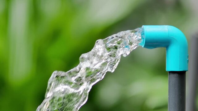 Water flowing from blue pipe in a nature setting
