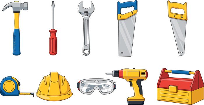 Construction tools and safety equipment set with hammer, screwdriver, wrench, saw, drill, helmet and toolbox, building and repair kit isolated vector illustration for maintenance and DIY work