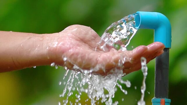 Fresh water streams from a tap onto an outstretched hand