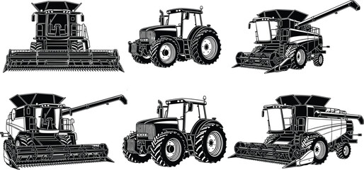 Obraz premium Tractor and combine harvester set with modern agricultural machinery, farming vehicles collection isolated vector illustration for agriculture, harvest operations and rural equipment design