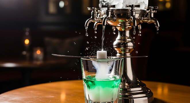 Traditional absinthe drip with ice water dissolving a sugar cube into green liquor