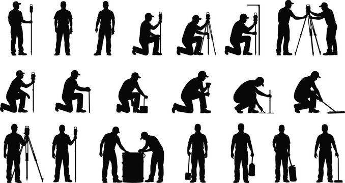 Surveyor silhouettes, construction engineers measuring land with tripod, total station equipment, field work, geodesy, mapping, outdoor surveying professionals industry team