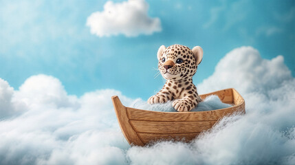 Obraz premium Adorable plush leopard cub sitting in a wooden boat surrounded by fluffy clouds on a dreamy blue sky background.