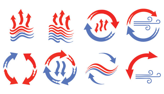 Red and blue arrow. Air heat and cold wave, warm and cooling wind circle. Flow direction, hot current hvac conditioner icon. Ventilation arrows, airflow stream motion speed signs. Vector isolated set