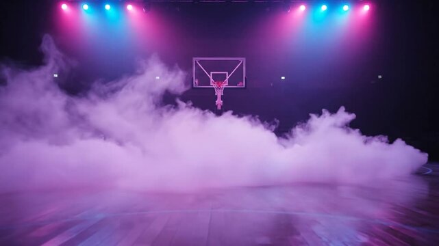 Basketball court with smoke and lights.