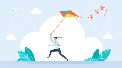Fototapeta premium Energetic businessman running and flying a colorful kite in the sky, representing business freedom, startup success, creative vision and soaring career ambitions. Vector illustration.