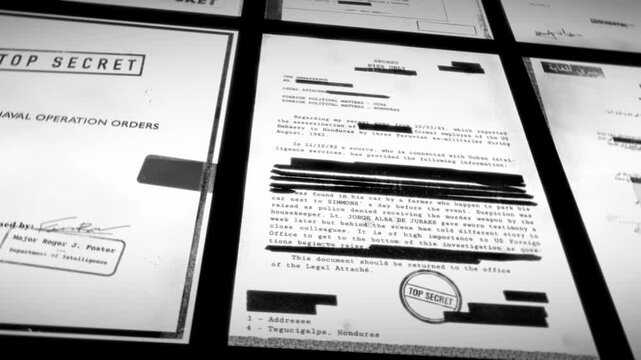 Classified and top secret documents and reports on black background with censored lines and redacted text. Leaked information and government spy agency surveillance or army intelligence data breach