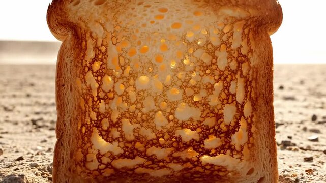 A singular slice of toasted bread stands on a barren, sandy landscape, illuminated by soft sunlight, revealing its crispy texture and intricate holes, creating an unusual juxtaposition with nature