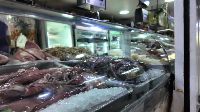 tracking shot revealing a variety of fresh octopus, squid and fish on crushed ice at the Chacao Municipal Market, Caracas Venezuela