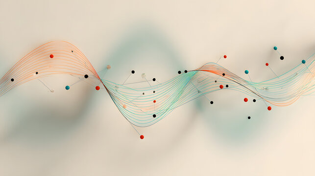 An abstract visualization showcases flowing lines and interconnected spheres, representing data streams and networks.