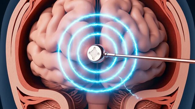 3D anatomical cutaway render of human head and brain showing deep brain stimulation electrode precisely inserted into subthalamic nucleus, thin platinum electrode rendered with perfect metallic sheen