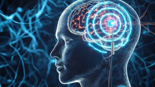 3D anatomical cutaway render of human head and brain showing deep brain stimulation electrode precisely inserted into subthalamic nucleus, thin platinum electrode rendered with perfect metallic sheen