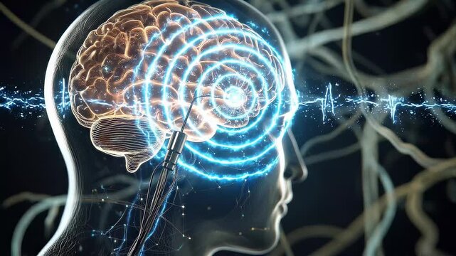 3D anatomical cutaway render of human head and brain showing deep brain stimulation electrode precisely inserted into subthalamic nucleus, thin platinum electrode rendered with perfect metallic sheen