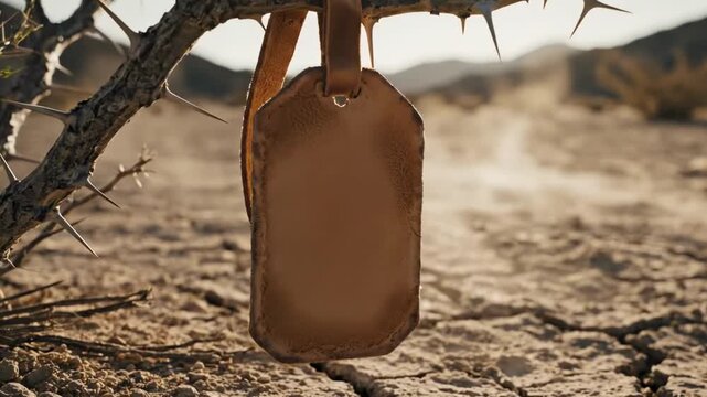 A solitary leather tag hangs from a thorny branch, set against a parched landscape cracked by drought. The warm tone of the leather contrasts with the harshness of the dry environment