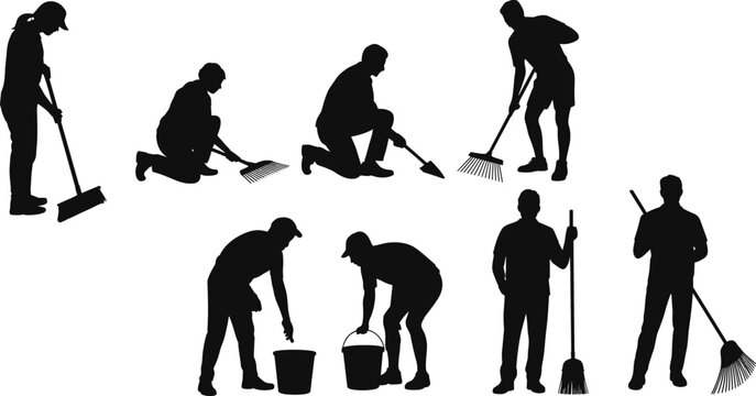 Cleaning workers silhouettes collection showing janitors sweeping, mopping, and maintaining hygiene in workplace environments, representing sanitation, housekeeping services, and professional 