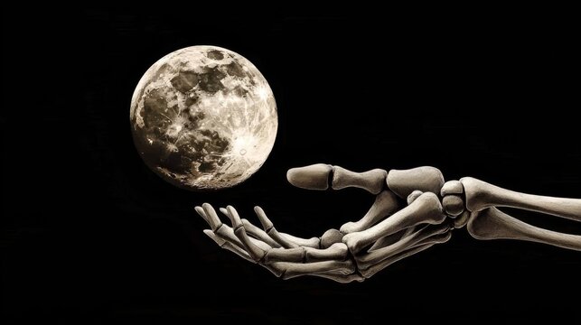 In a haunting scene, a skeletal hand elevates a sepia moon set against deep black.