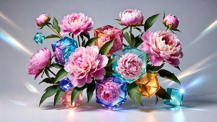 Obraz premium Pink Peonies in Colorful Geometric Cubes with Light Rays