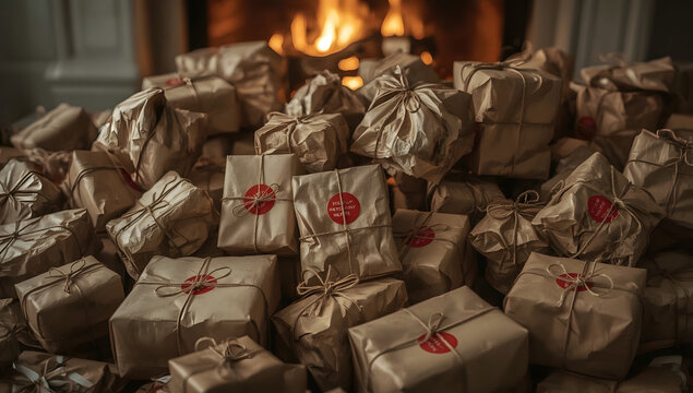 Pile of kraft gifts near a fireplace. Cozy holiday.

