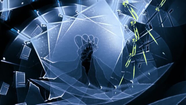 This image showcases an abstract spiral design with layered translucent shapes and dynamic lighting, evoking a sense of movement and depth in a digital space.