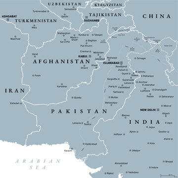 Afghanistan and Pakistan, South Asia, gray political map with international borders, capitals, largest cities, with Wakhan Corridor in the Hindu Kush, Kashmir region, and other claimed regions. Vector