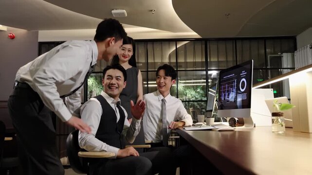 Confident businessman announces good news, check project details or start up launch results feel satisfied with success give high five expressing respect, look happy with effective teamwork