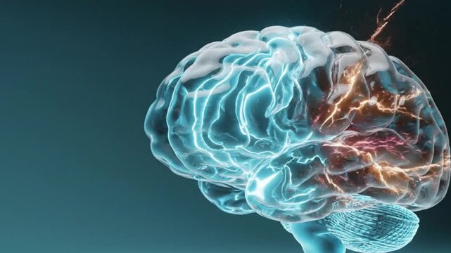 Artificial Intelligence and Neuroscience Concept, 3D Transparent Brain Visualizing Deep Learning and Firing Neural Synapses with Copy Space