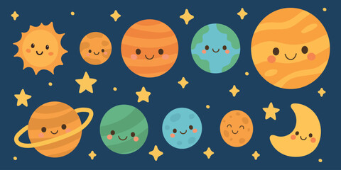 System space sun with planet solar cute and cartoon vector moon. Earth celestial drawing with kawaii system character and galactic logo milky. Pixel universe system with kid jupiter planet. © AlexTroi
