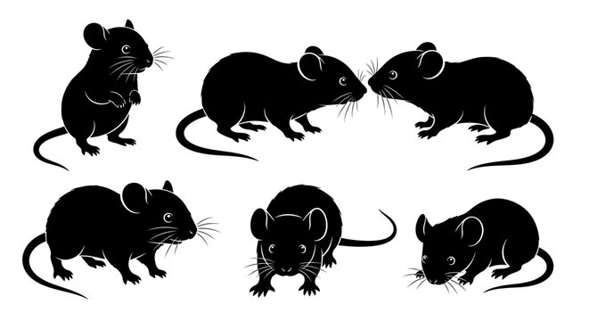 Set of Black Mouse Silhouettes on White Background - Various Poses