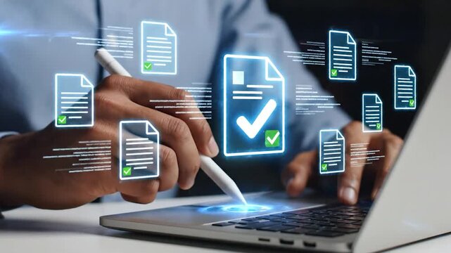 Professional hands using digital stylus and laptop for document verification with glowing checkmarks highlighting successful approval in futuristic business workflow demonstration