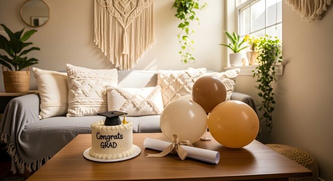 A cozy living room setup for a graduation party featuring a cake with a mini cap, a tied diploma scroll, and neutral-colored balloons on a wooden table.
