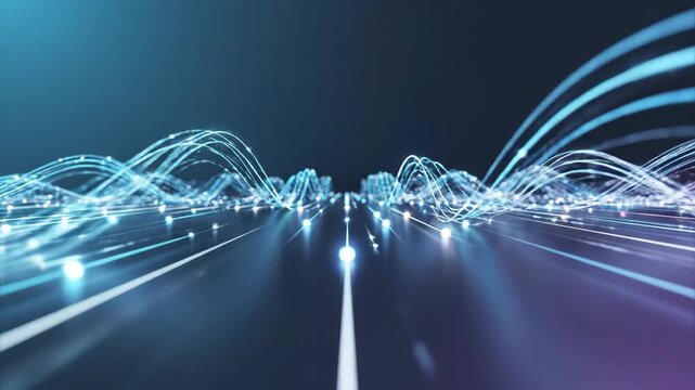 Abstract footage of glowing blue fiber optic cables and digital data particles moving across a dark reflective surface.