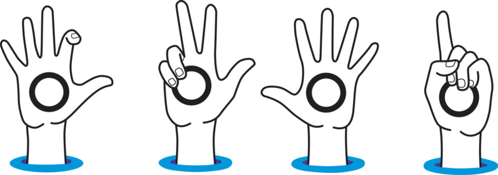 Four hands with fingers extended in different positions to represent numbers using sign language on a plain white background  victor illustration