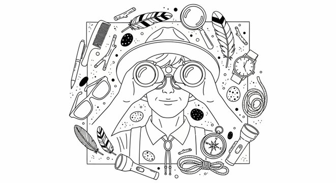 Whimsical illustration of a curious explorer surrounded by adventure-themed objects, perfect for scouting and discovery themes