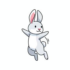 Fototapeta premium A whimsical, cartoon-style gray rabbit jumps joyfully, with one ear bent