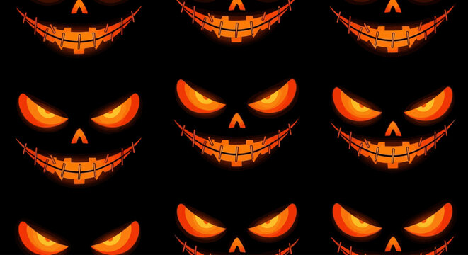 A digital illustration of multiple glowing jack-o-lanterns with evil eyes and sharp teeth arranged in rows on a dark background