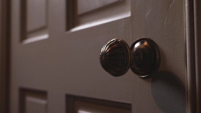 A closeup view of a door an ornate knob slowly opening, revealing darkness beyond.