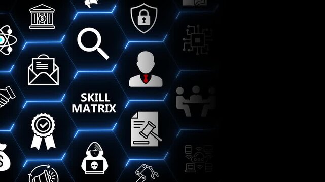 Skill matrix analysis with data and performance metrics for workforce planning competency evaluation and talent development in business platforms 4k animation video