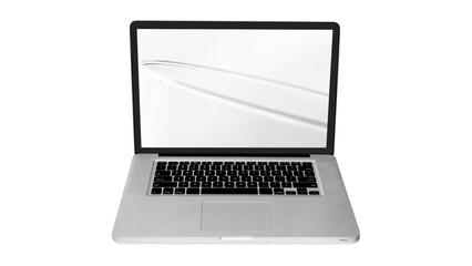 Laptop with scratched grunge screen isolated on transparent PNG background, vintage computer...
