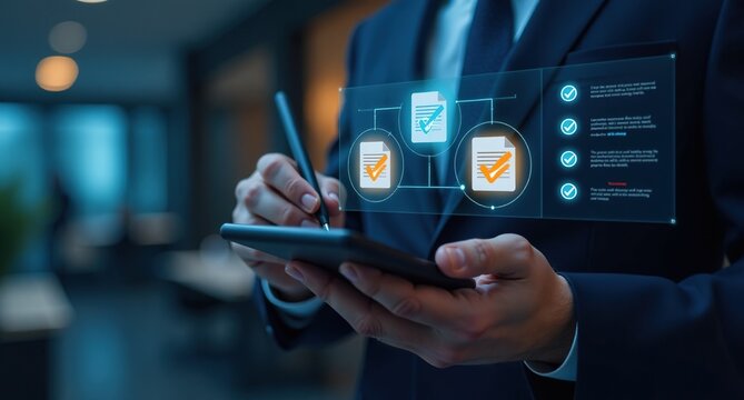 Businessman using a stylus to complete a digital quality assurance checklist with virtual check mark icons and formal certification documents, which fully presents the core concept of strict corporate
