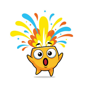 Surprised Orange Character with Exploding Head and Colorful Splashes