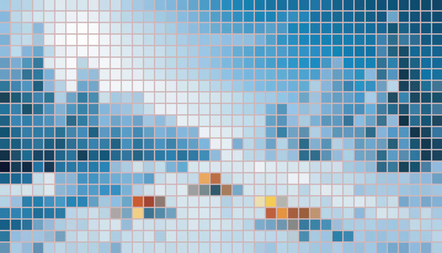 A pixelated mosaic artwork depicting a serene landscape with trees and a body of water under a cloudy sky  victor illustration