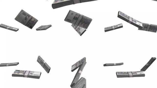 Czech Republic Money, Czech Koruna Banknotes Falling, CZK Currency Stacks, White Background, 4K