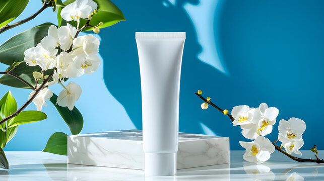 Minimalist skincare tube cosmetic packaging blank tube beauty product blue background orchid flower white pedestal spa concept natural cosmetic product mockup minimalist skincare tube cosmetic