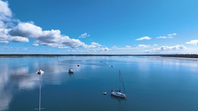 Low flight over moored and racing pleasure craft Fraser Coast QLD Australia