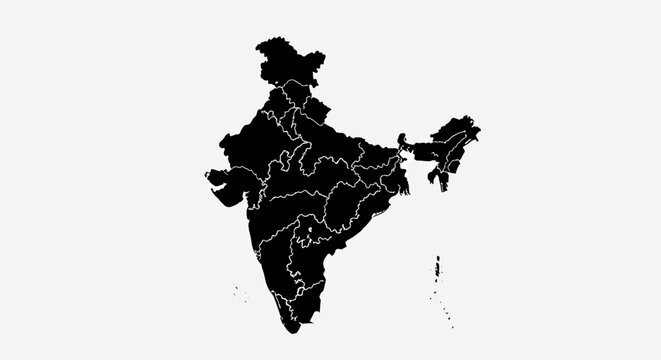India Map Silhouette with State Borders - Black Outline on White Background