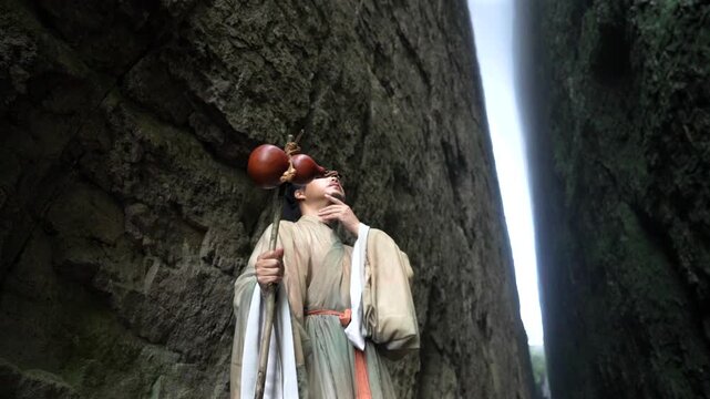 Ancient Chinese Scholars (Wang Yangming, Xu Xiake, Su Shi) in Hanfu: Mountain Ascent Contemplation in Misty Gorge