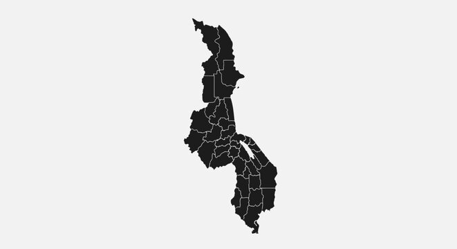 Malawi Map Outline Black Silhouette with Administrative Divisions on White Background